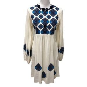 Figue Cotton Embroidered Dress Womens XS Long Bell Sleeve Boho Hippie Retro